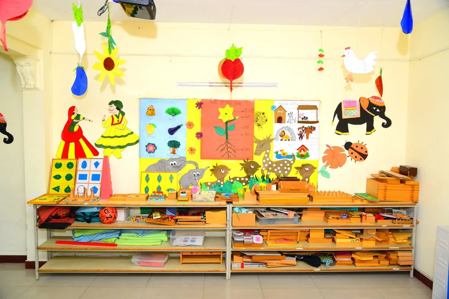 The activity room decorated with learning charts and Montessori shelves
