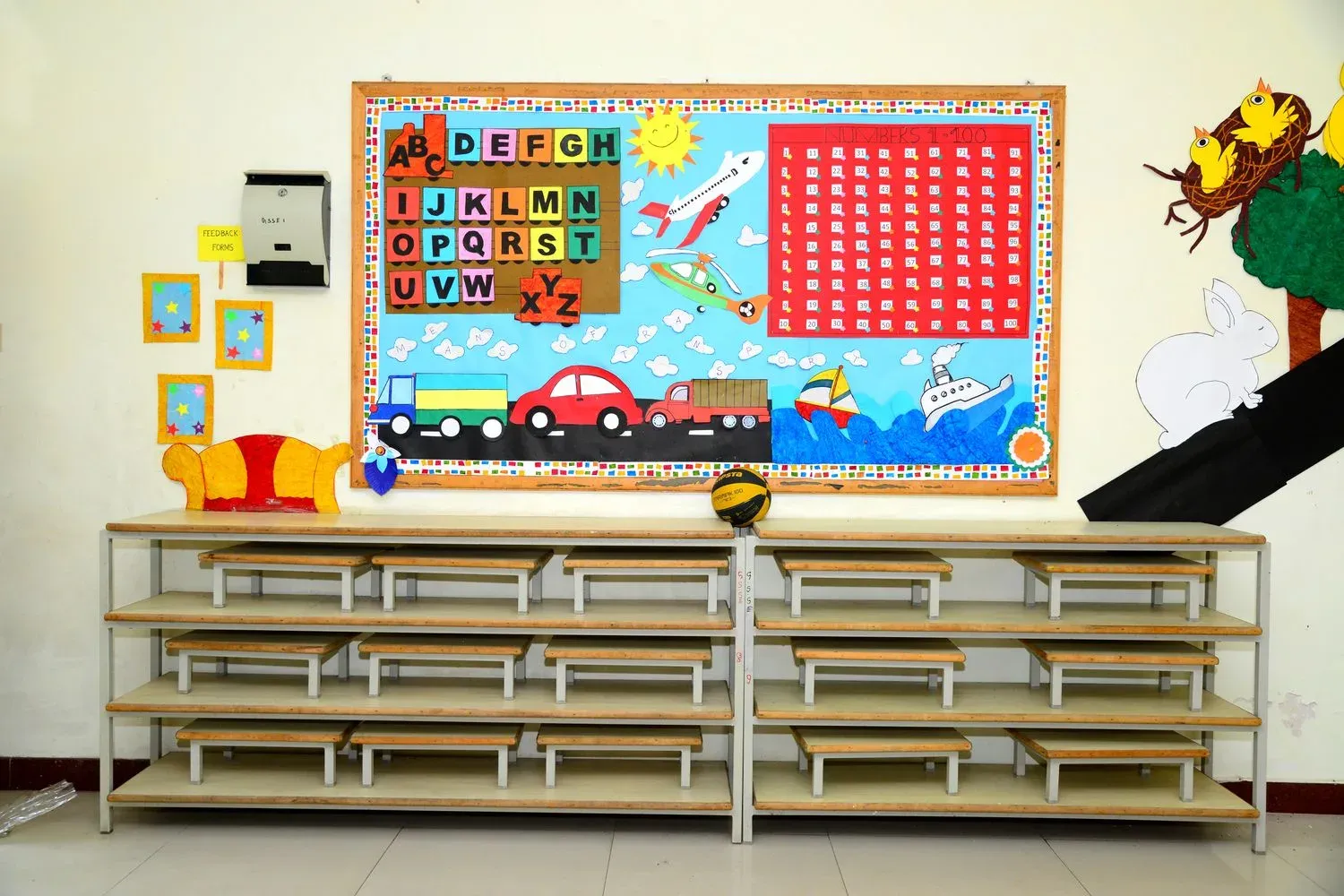 A Pre-primary classroom with a learning display board