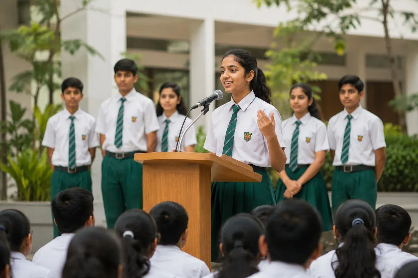 Student leaders addressing an assembly