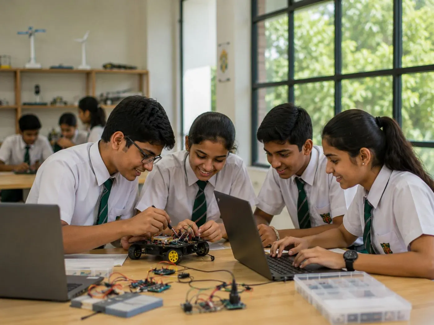 Students building a robot